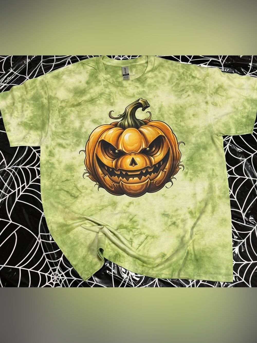 Green hand dyed Shirt with Jack-O'-Lantern Graphic Size Large